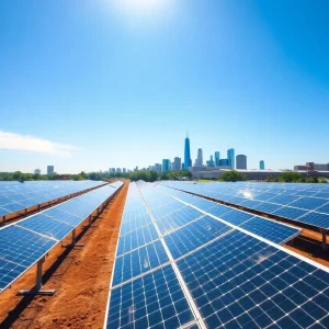 A solar power plant in Memphis harnessing sunlight with the city skyline in the background.