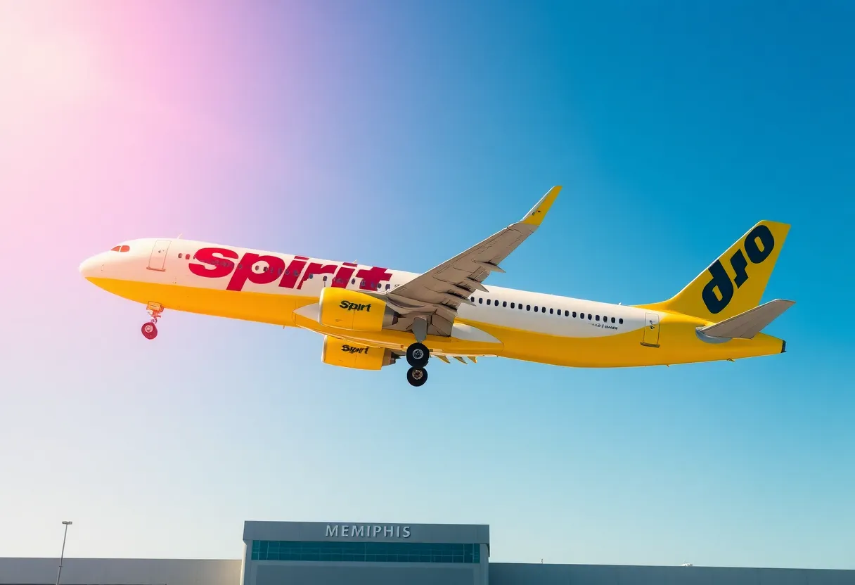 A Spirit Airlines Airbus A321 with the Memphis International Airport in the background