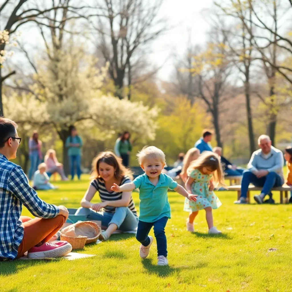 Families enjoying various outdoor activities together in a Memphis park during Spring Break.