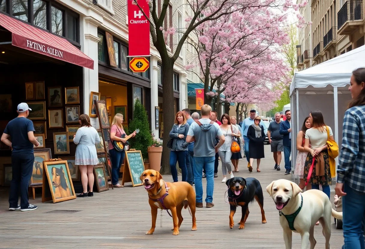 Crowd enjoying a spring festival in Memphis with art and dogs
