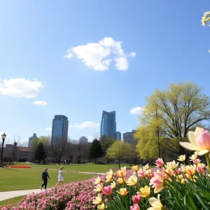 A sunny day in Memphis with blooming flowers and people in a park.