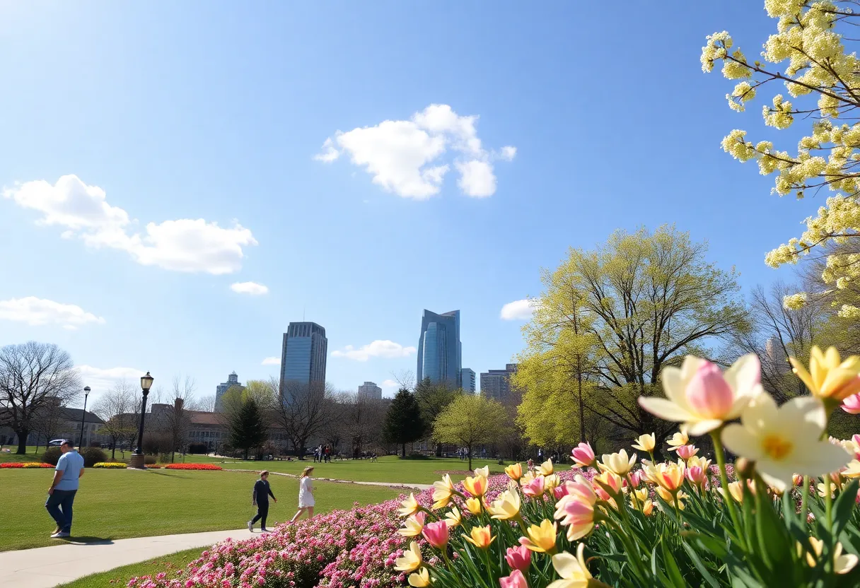 A sunny day in Memphis with blooming flowers and people in a park.