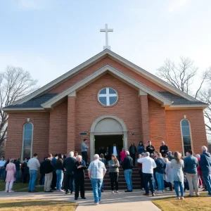 Community members gathered outside St. Louis Catholic Church showing support.