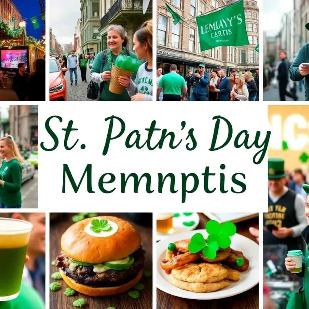Crowd enjoying St. Patrick's Day events in Memphis with festive decorations