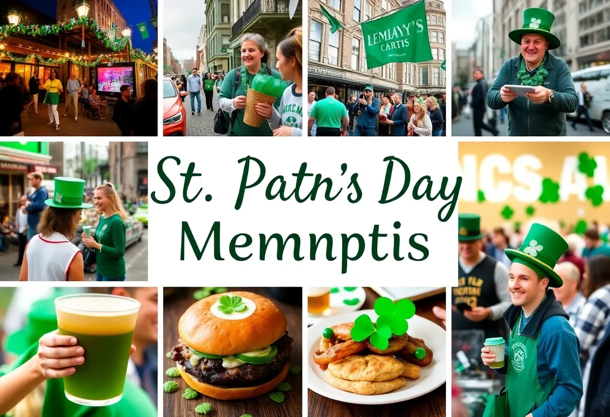 Crowd enjoying St. Patrick's Day events in Memphis with festive decorations