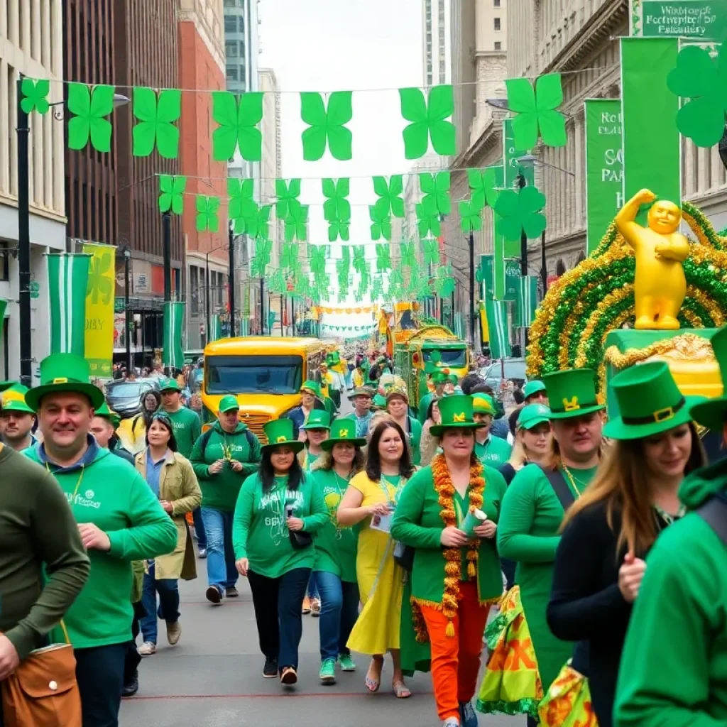 Crowd enjoying the St. Patrick's Day Parade in Memphis with colorful floats and decorations.