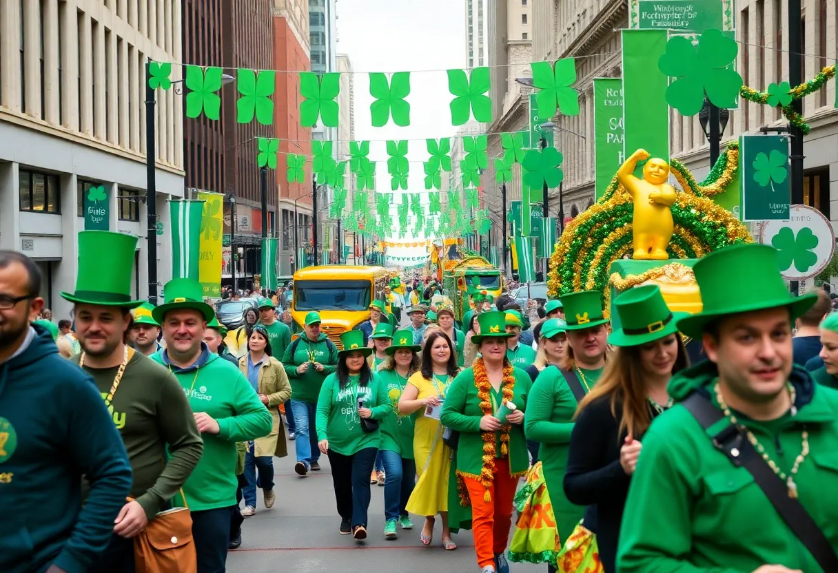 Crowd enjoying the St. Patrick's Day Parade in Memphis with colorful floats and decorations.