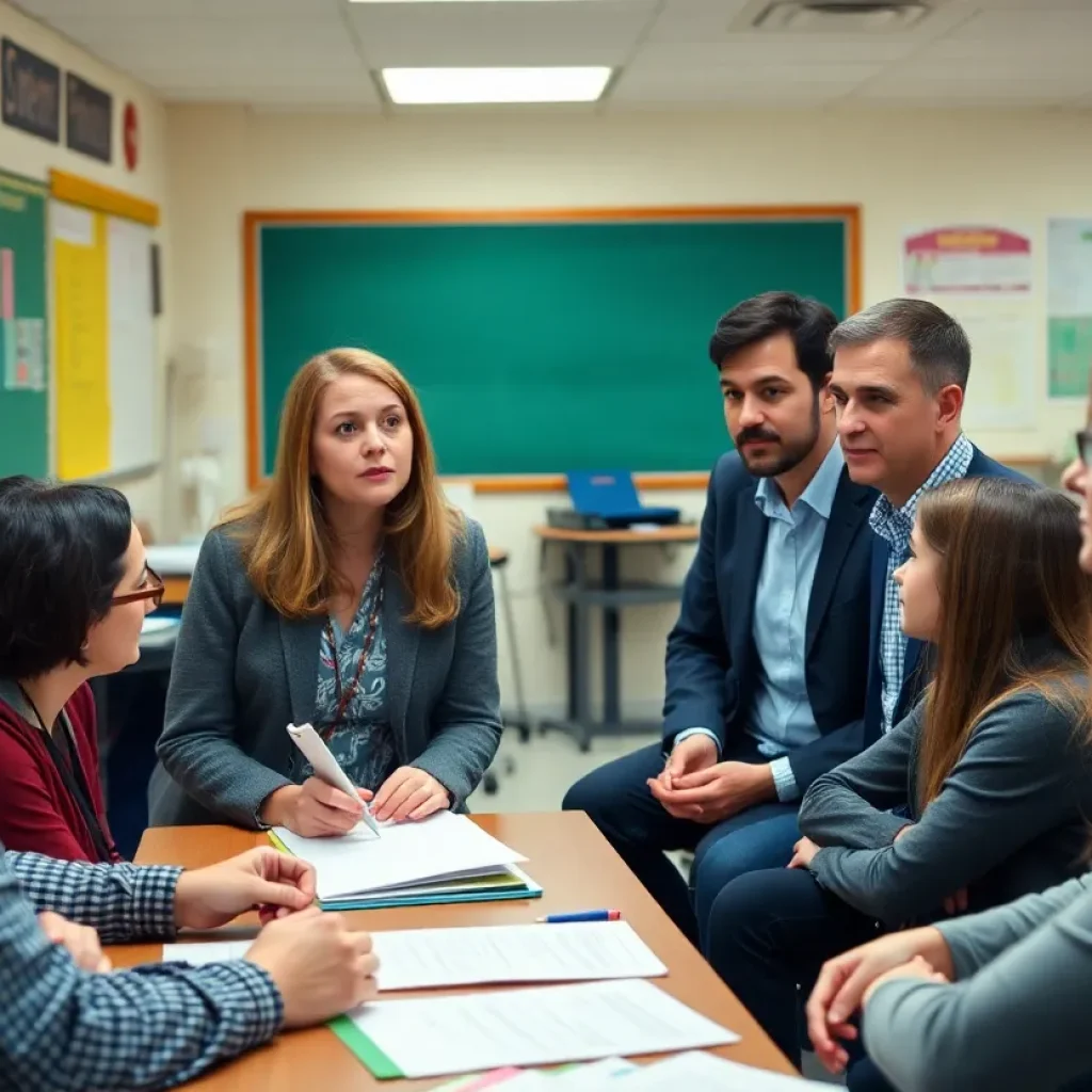 Group of teachers conversing about school leadership issues