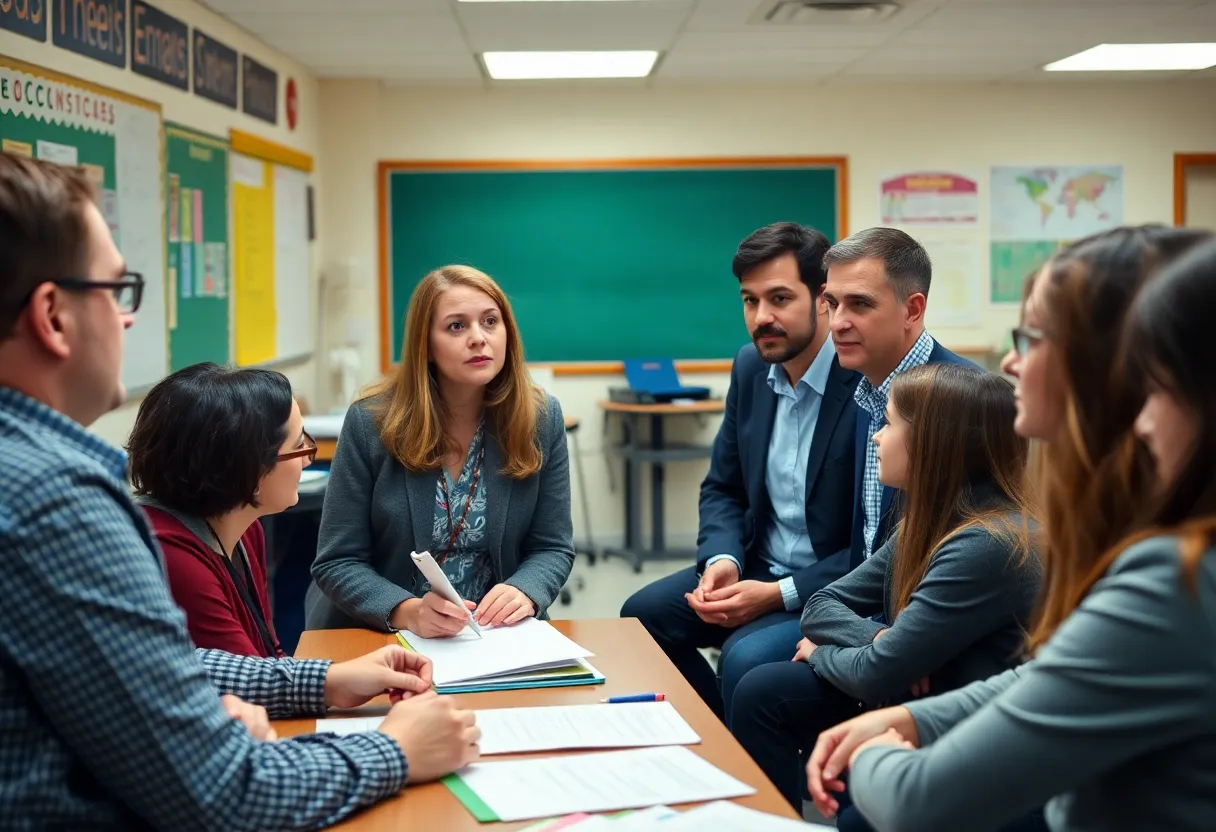 Group of teachers conversing about school leadership issues