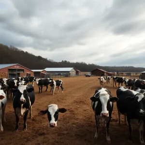 Dairy cows in a Tennessee farm with lumber yards in the background.