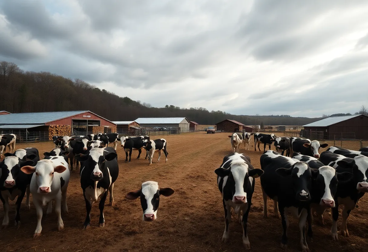 Dairy cows in a Tennessee farm with lumber yards in the background.