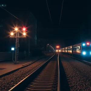 Nighttime scene of train tracks with emergency lights in Memphis