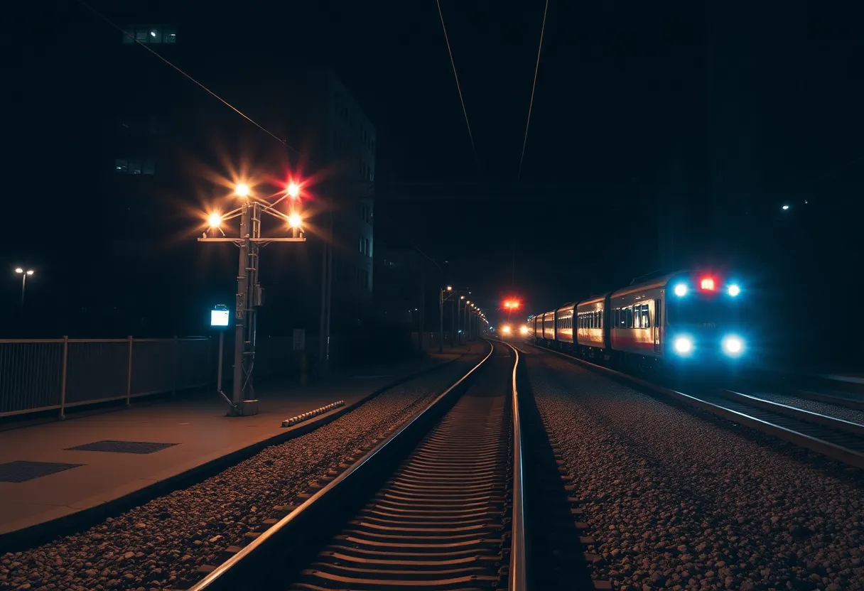 Nighttime scene of train tracks with emergency lights in Memphis