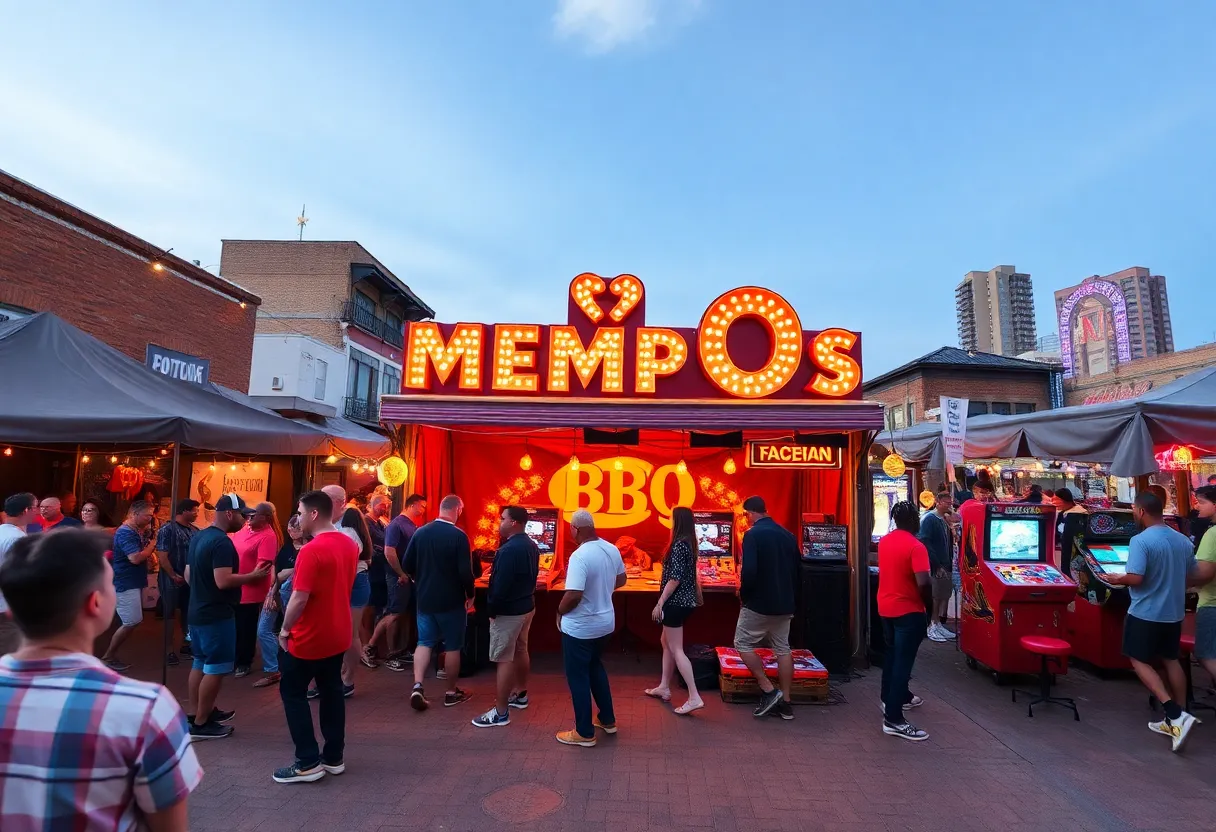 A collage of festive events and activities in Memphis, including live music and food celebrations.
