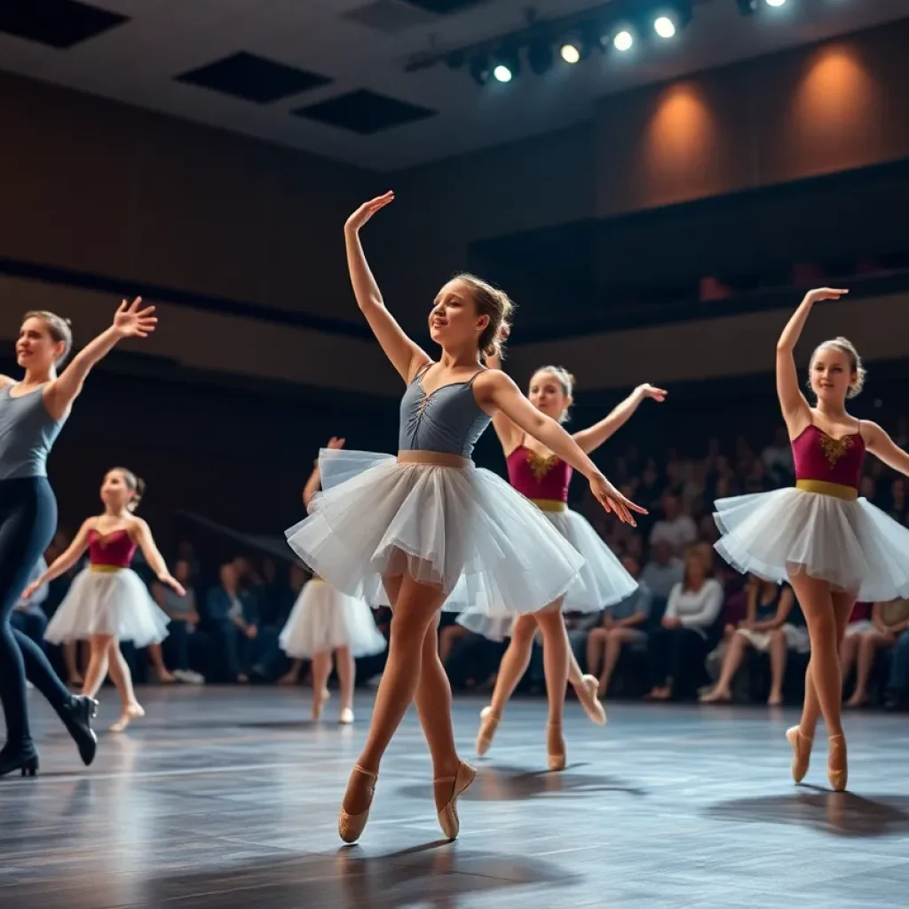 Students performing classical ballet and jookin on stage with Yo-Yo Ma in background.