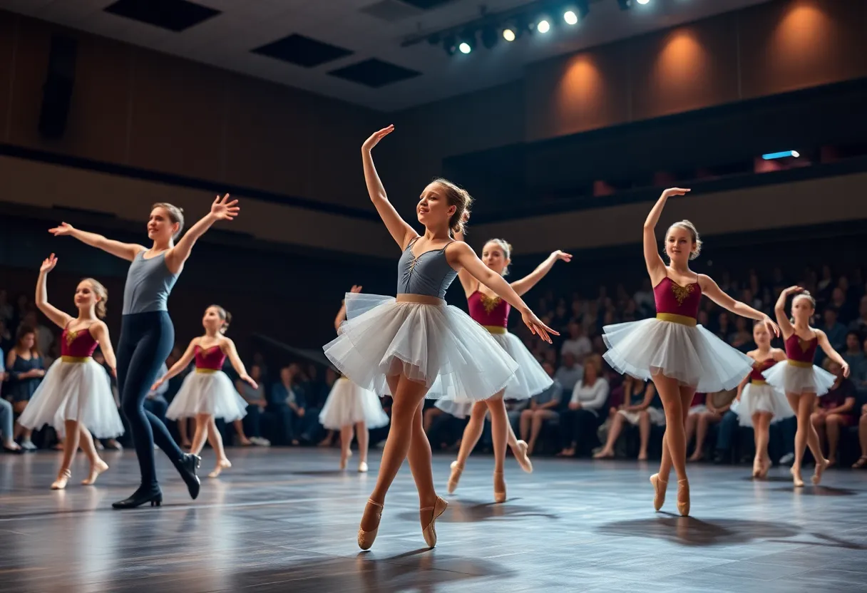 Students performing classical ballet and jookin on stage with Yo-Yo Ma in background.