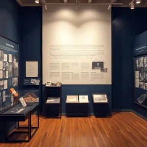 Exhibition display showcasing Bayard Rustin's personal items and civil rights memorabilia.