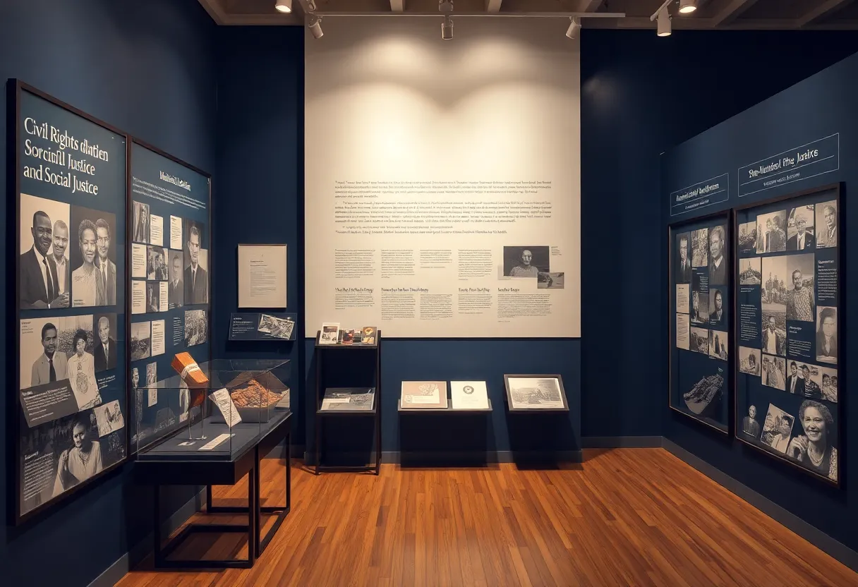 Exhibition display showcasing Bayard Rustin's personal items and civil rights memorabilia.