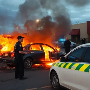 Abandoned car on fire in a Memphis parking lot