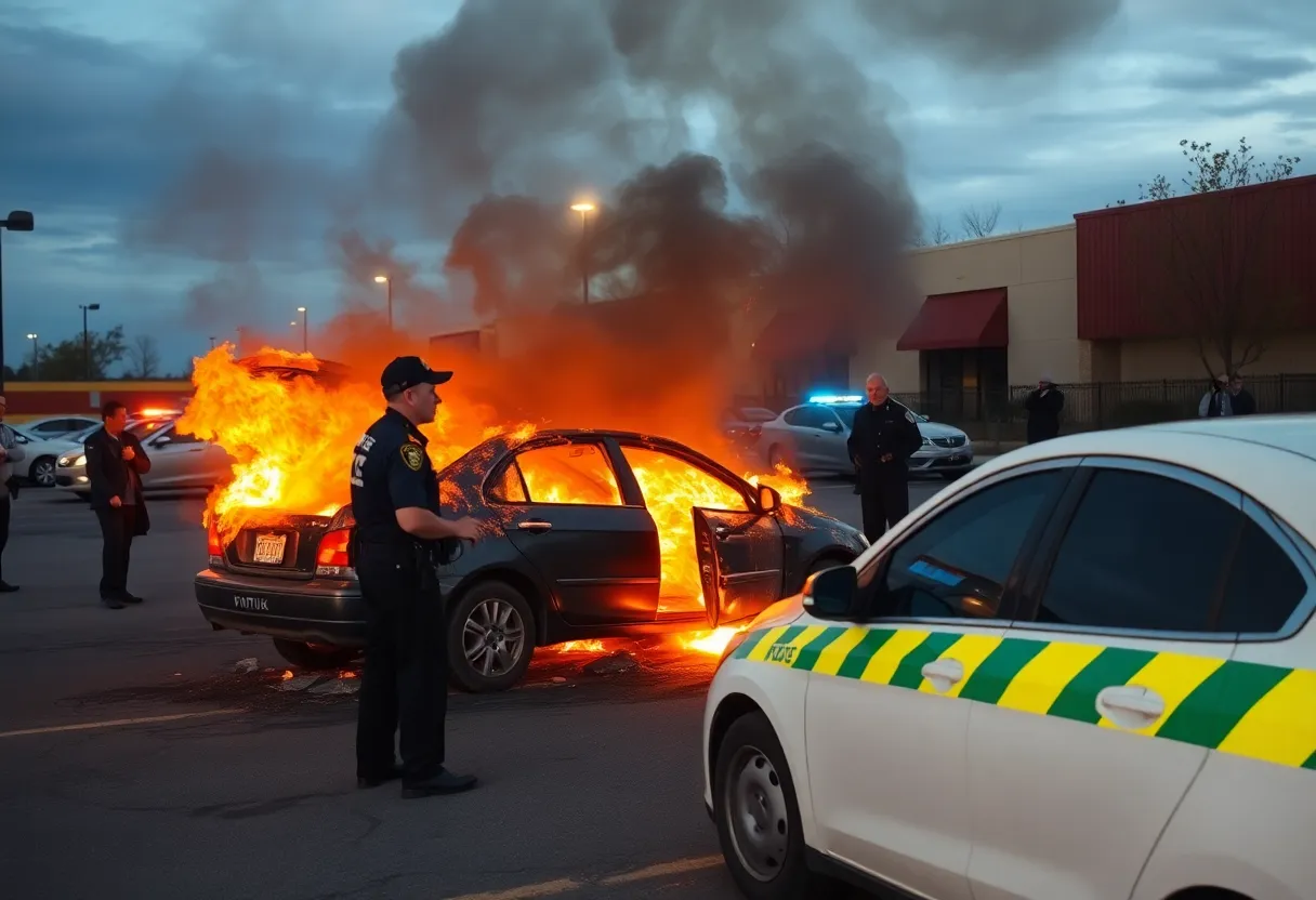 Abandoned car on fire in a Memphis parking lot