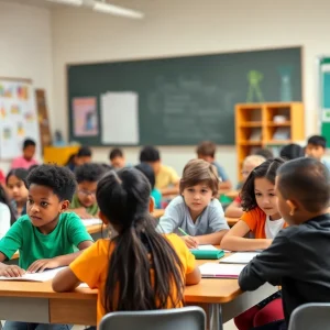 Students engaged in a classroom activity promoting community involvement in education.