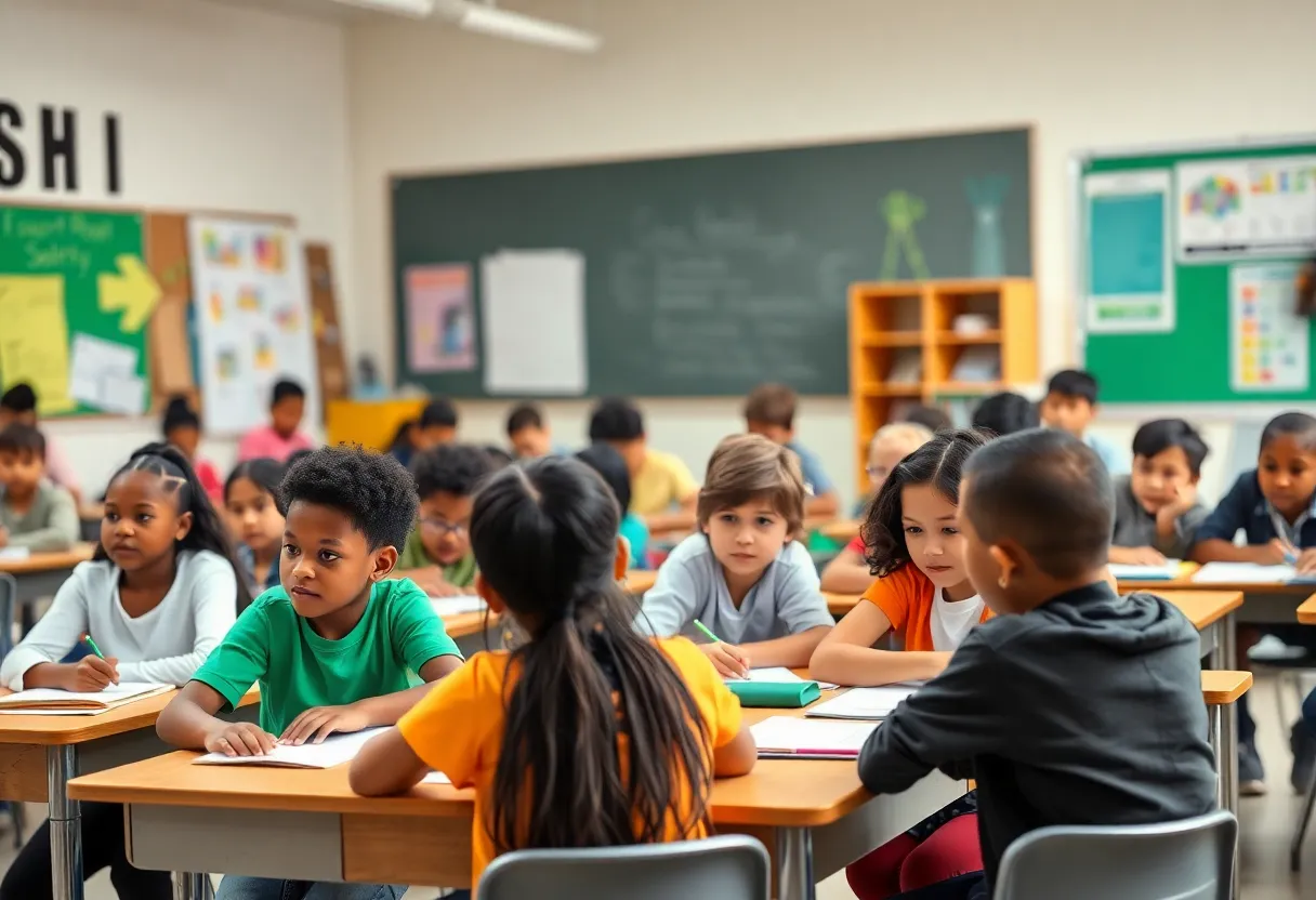 Students engaged in a classroom activity promoting community involvement in education.