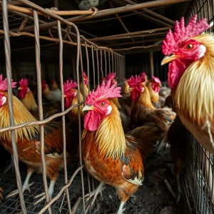 Neglected roosters in cages at a cockfighting operation