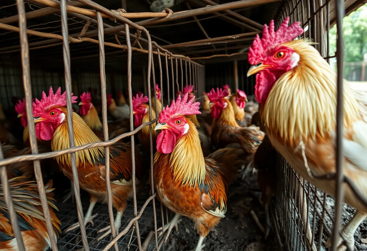 Neglected roosters in cages at a cockfighting operation