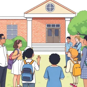 Diverse students and teachers discussing education improvements outside a school building.