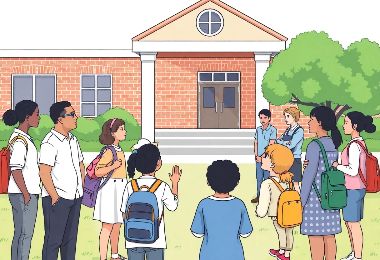 Diverse students and teachers discussing education improvements outside a school building.
