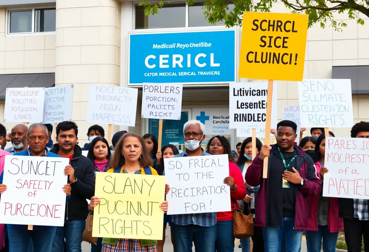 Community members protesting outside a medical clinic