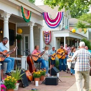 Community members enjoying the Cooper-Young Porchfest with music performances on porches