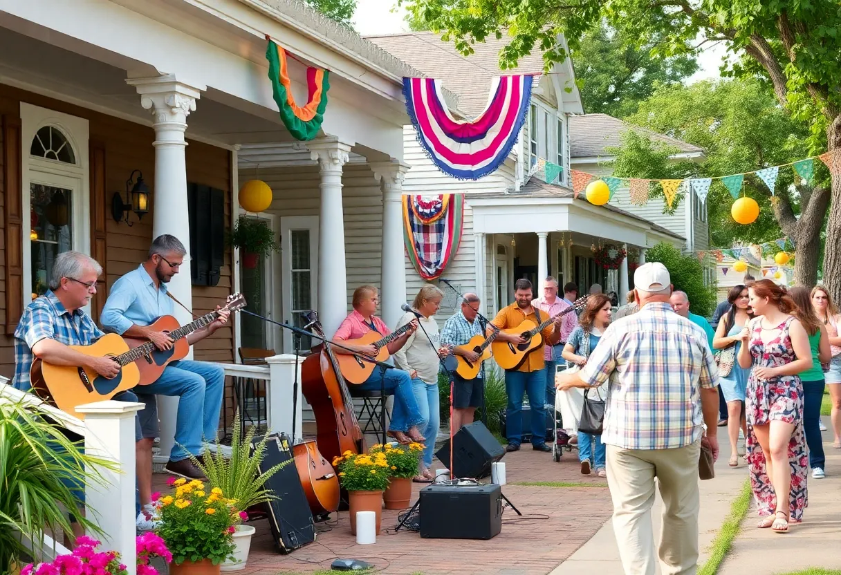 Community members enjoying the Cooper-Young Porchfest with music performances on porches