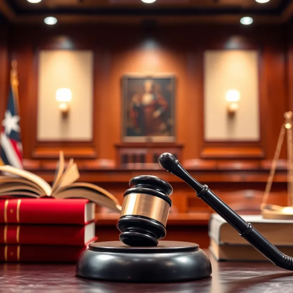 A courtroom with a gavel and legal books symbolizing justice.