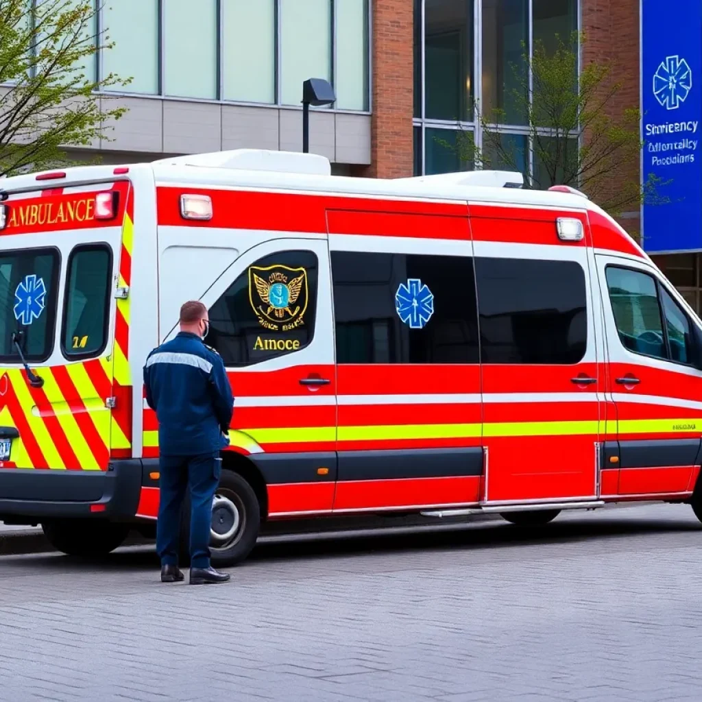EMT personnel discussing patient care outside an ambulance.