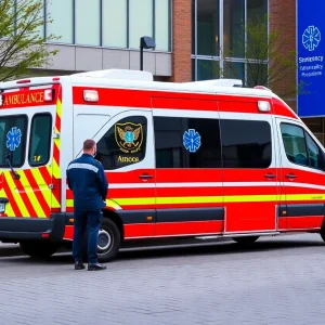 EMT personnel discussing patient care outside an ambulance.