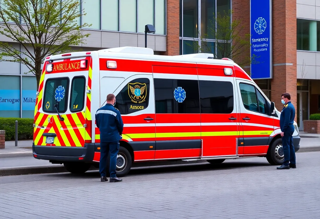 EMT personnel discussing patient care outside an ambulance.