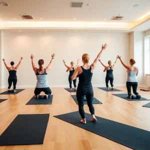 Interior of Evolve Pilates Studio with people practicing Pilates.