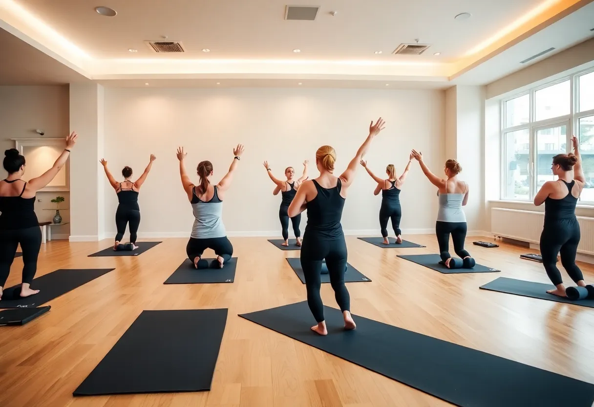 Interior of Evolve Pilates Studio with people practicing Pilates.
