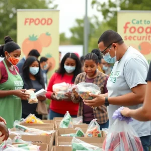 Volunteers distributing food packages at a community event in Memphis.