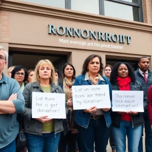 Frustrated community members in front of a nonprofit building