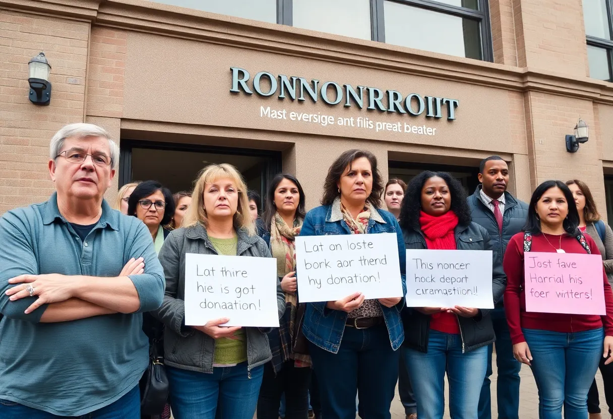 Frustrated community members in front of a nonprofit building