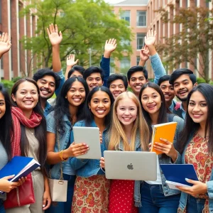 Group of international students celebrating on Memphis University campus
