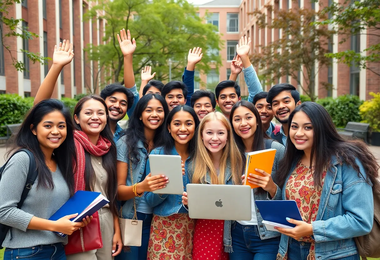 Group of international students celebrating on Memphis University campus