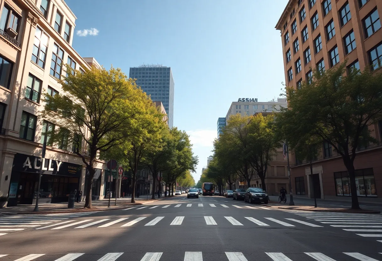 A sunny intersection in Southeast Memphis with trees and clear skies.