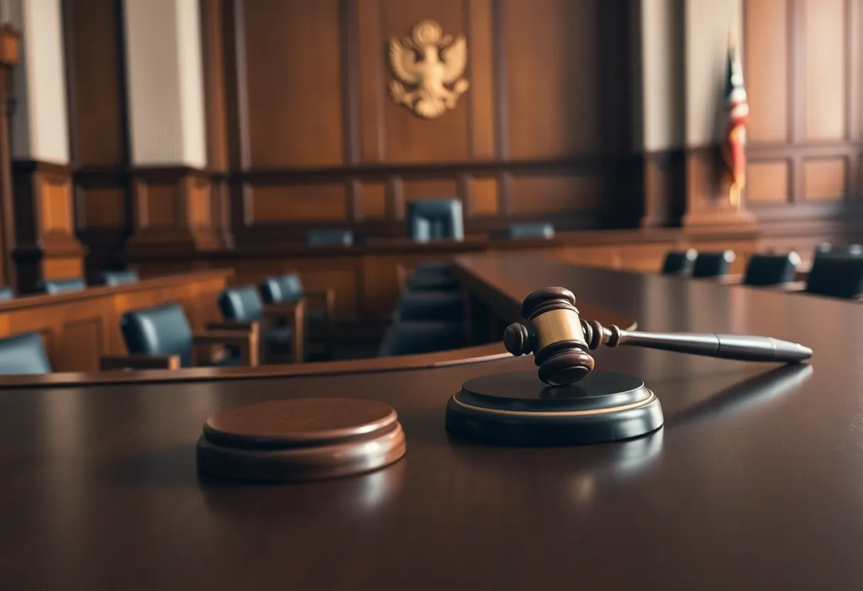 Empty judge's bench with gavel in courtroom
