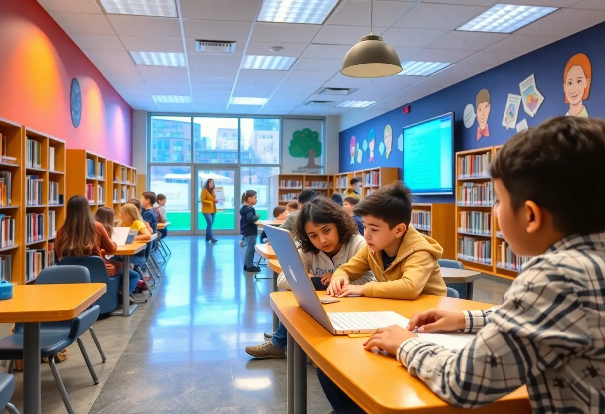 Students in Melrose High School's new media center, engaged in reading and using technology.