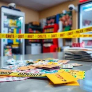 Scene of a convenience store theft with lottery tickets on the counter