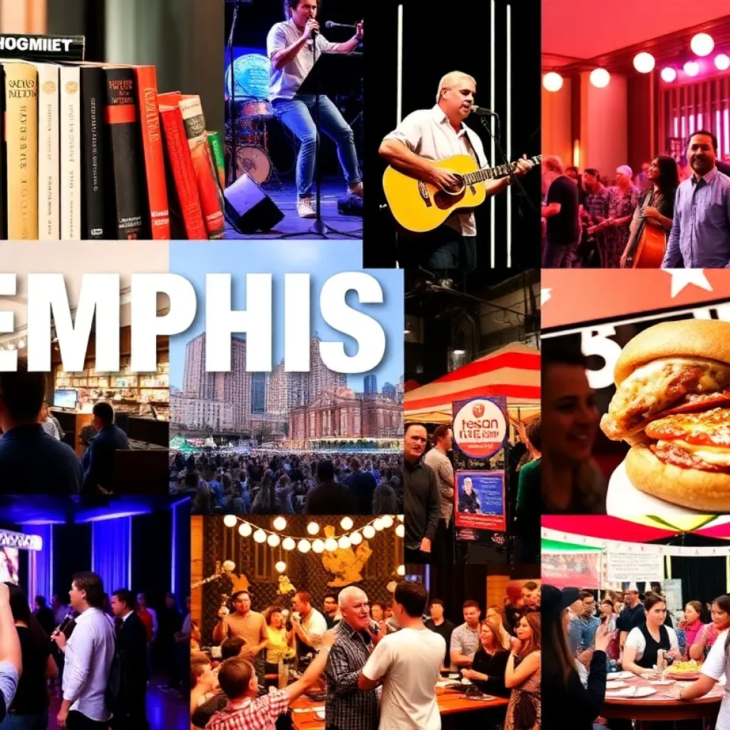 A collage depicting various cultural events in Memphis including books, music, and food.
