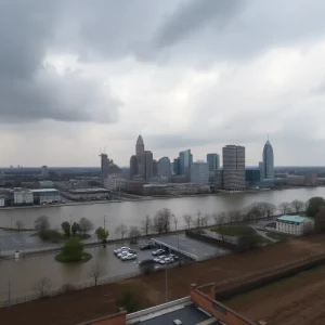 Memphis cityscape affected by flooding with stormy weather.